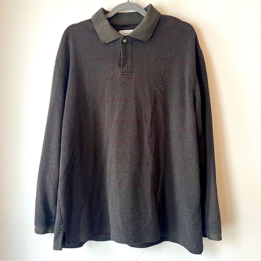 Vintage Ron Chereskin Men’s Polo Shirt L Long Sleeve Gray Herringbone Windowpane